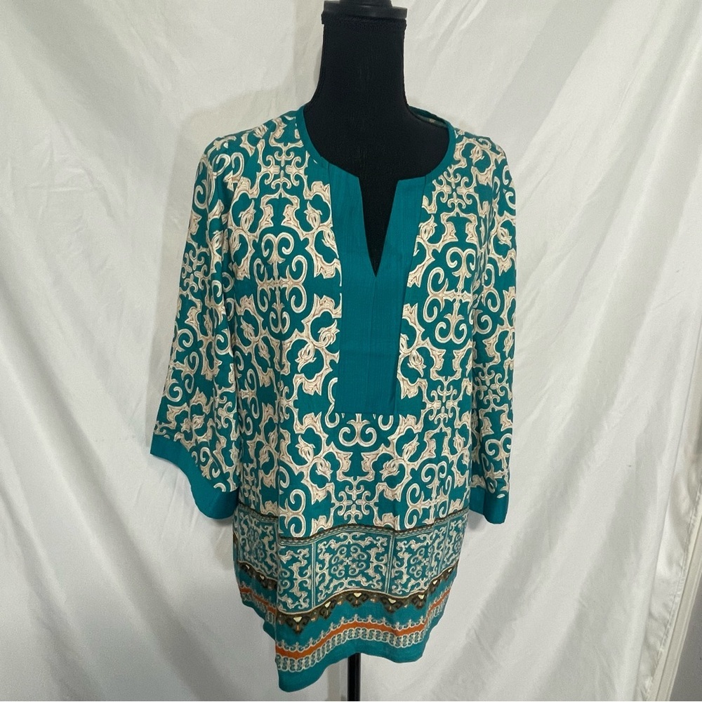 Bebonnie women's 3/4-sleeve v-neck bohemian peasant tunic top.Teal. Size L. NEW